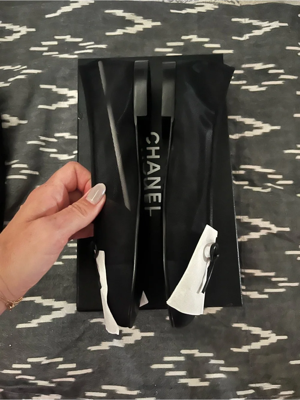 CHANEL Black Mesh Ballet Flats with Bow Trim